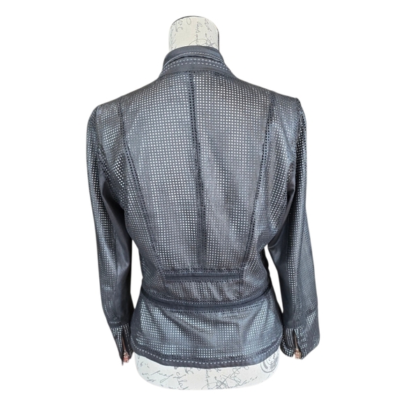 Elie Tahari Fitted Perforated Black Leather Zip Moto Jacket S - Picture 5 of 9